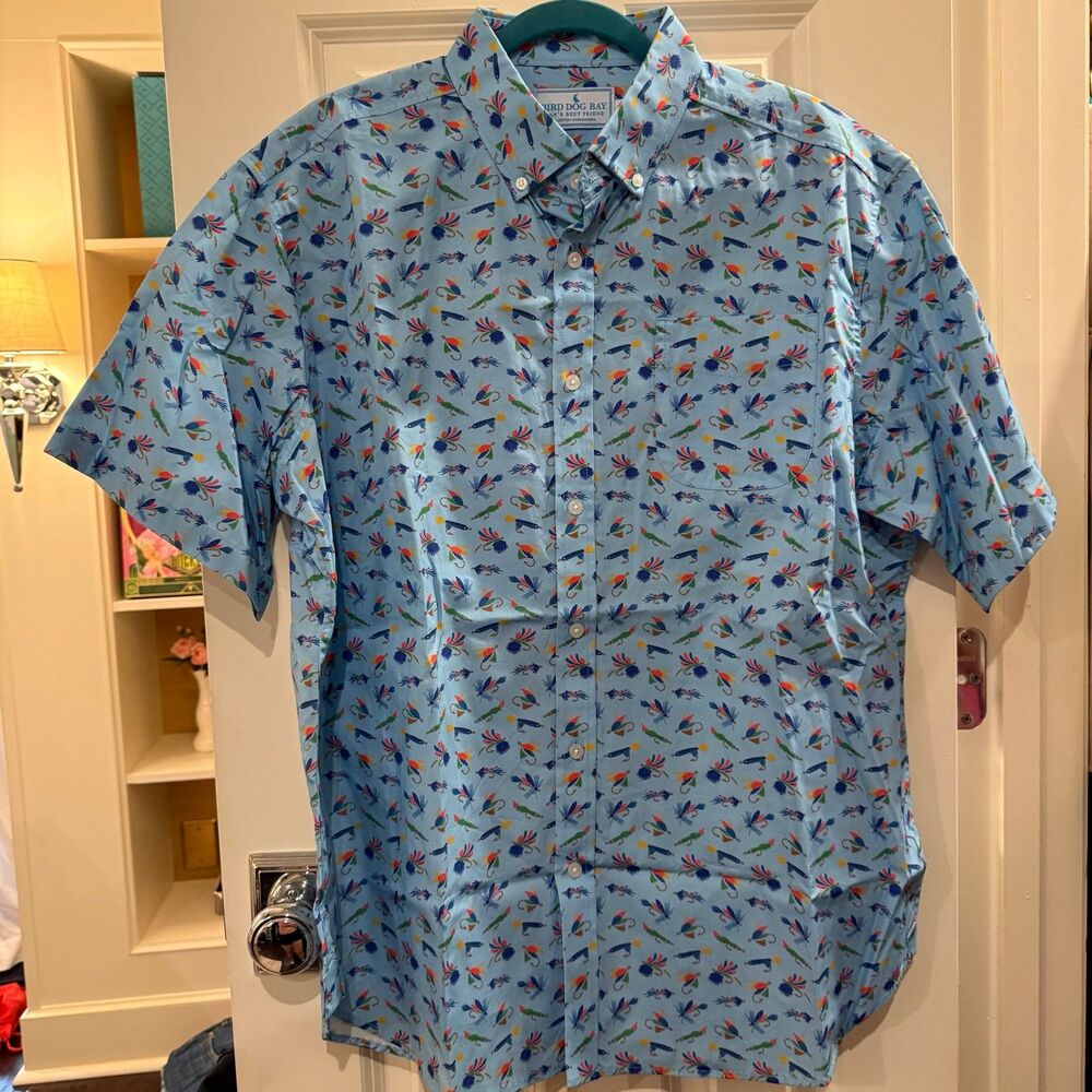 Bird Dog Bay Weekender Button Down Fish Hook AOP size XL Preppy Vacation Casual